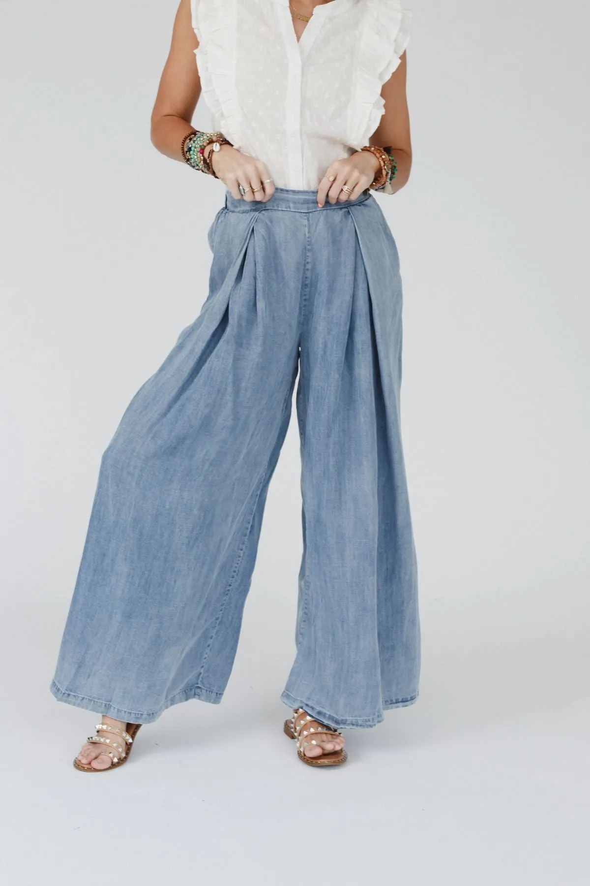 Daily Pleated Flowy Pants - Denim