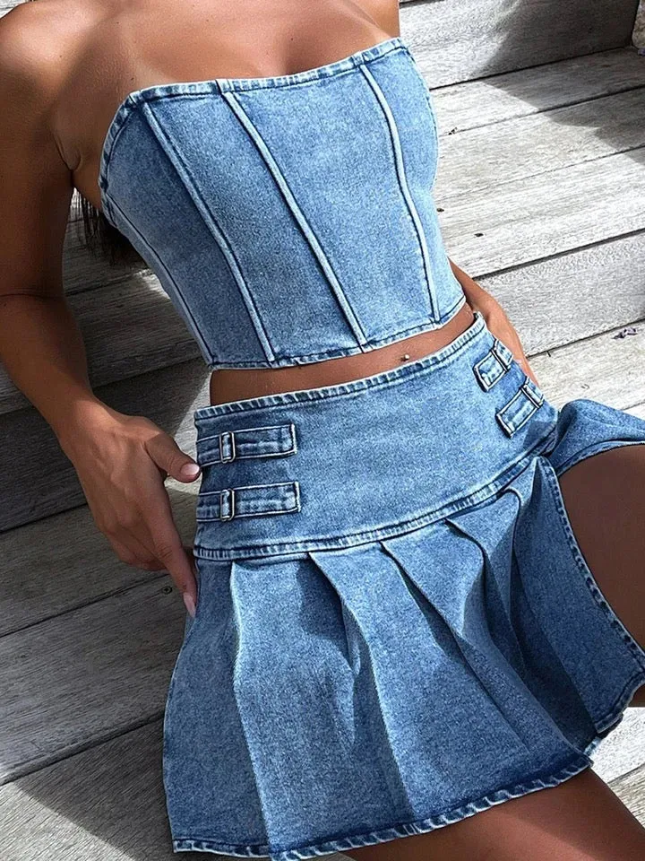 Denim Pleated Skirt