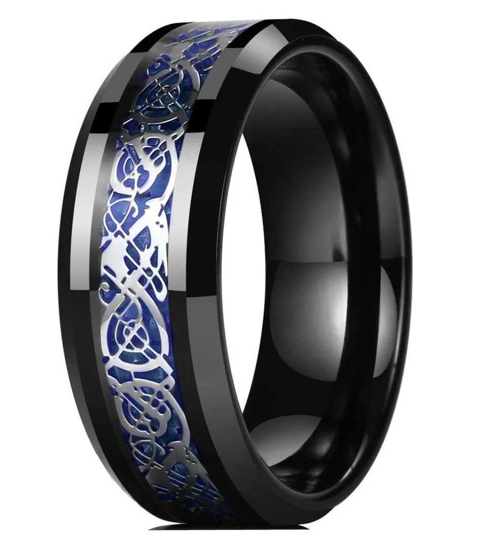 DRAGON Men 8mm Black Tungsten Carbide Ring Blue Carbon Fiber Celtic Dragon Wedding Band