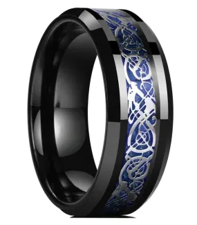 DRAGON Men 8mm Black Tungsten Carbide Ring Blue Carbon Fiber Celtic Dragon Wedding Band