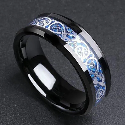 DRAGON Men 8mm Black Tungsten Carbide Ring Blue Carbon Fiber Celtic Dragon Wedding Band