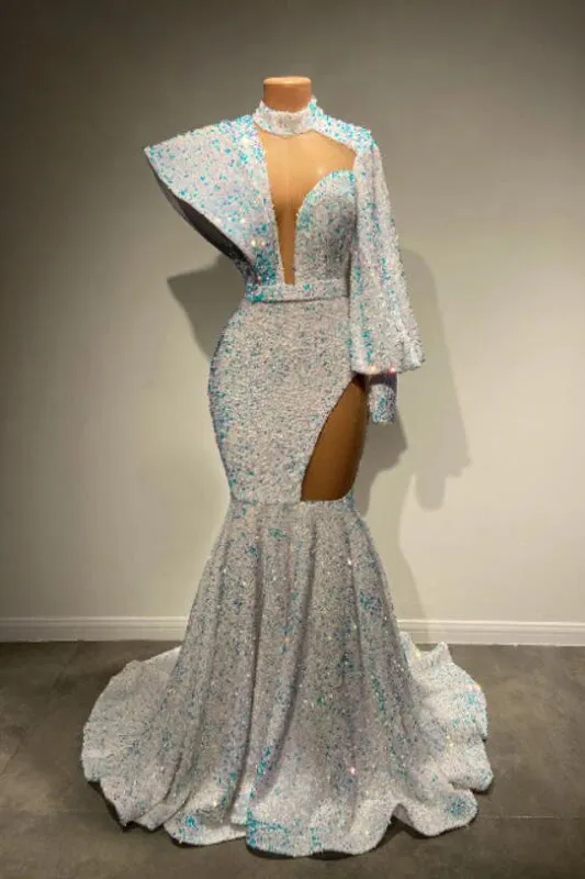 Elegant High Neck Long Sleeves Mermaid Prom Dress Featuring Sequins