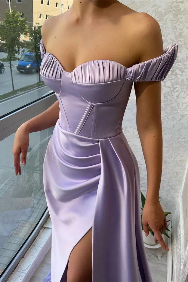 Elegant Lilac Off-the-Shoulder Evening Dress with Long Split and Ruffle