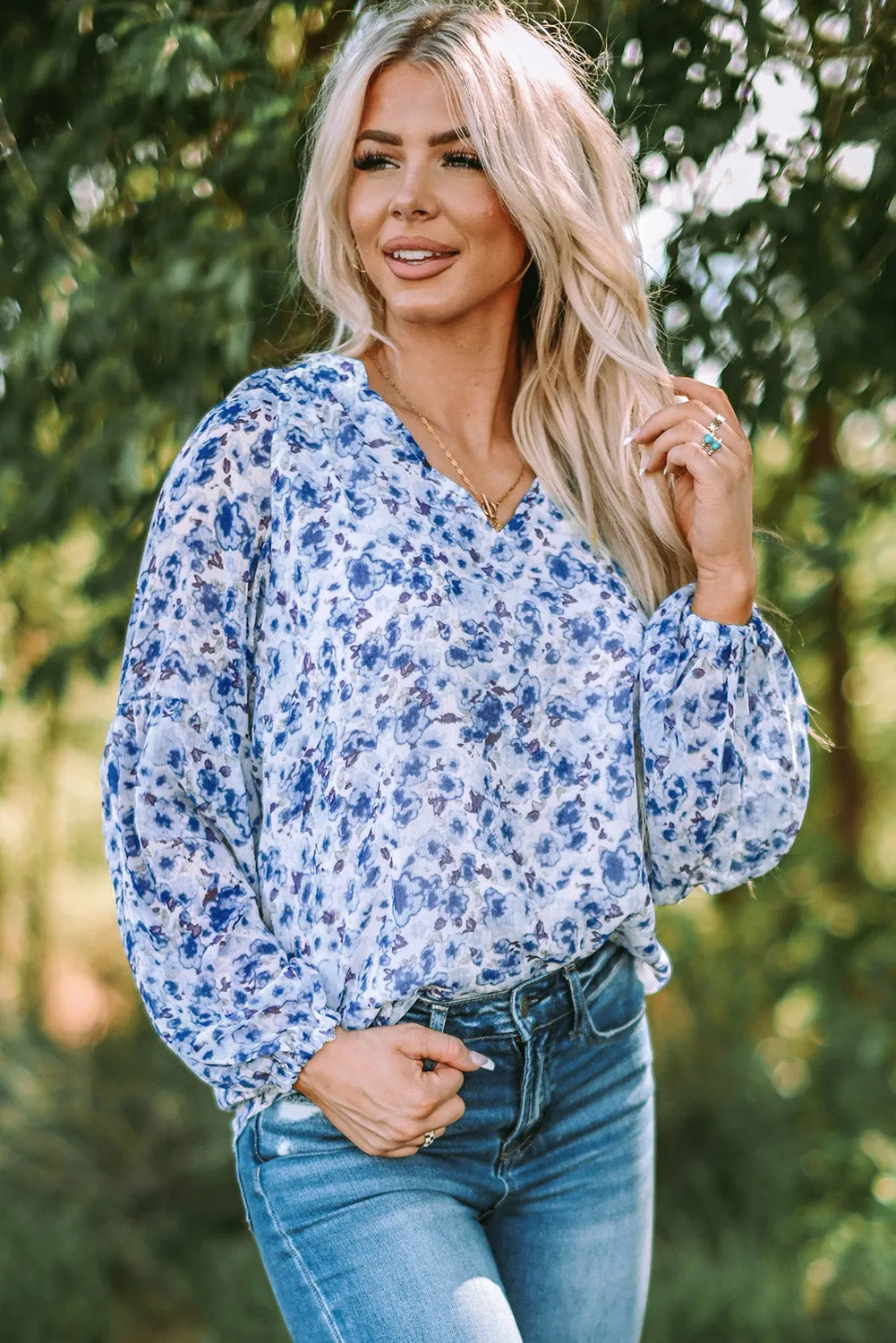 Floral Notched Balloon Sleeve Blouse