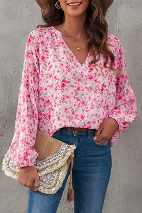 Floral Notched Balloon Sleeve Blouse