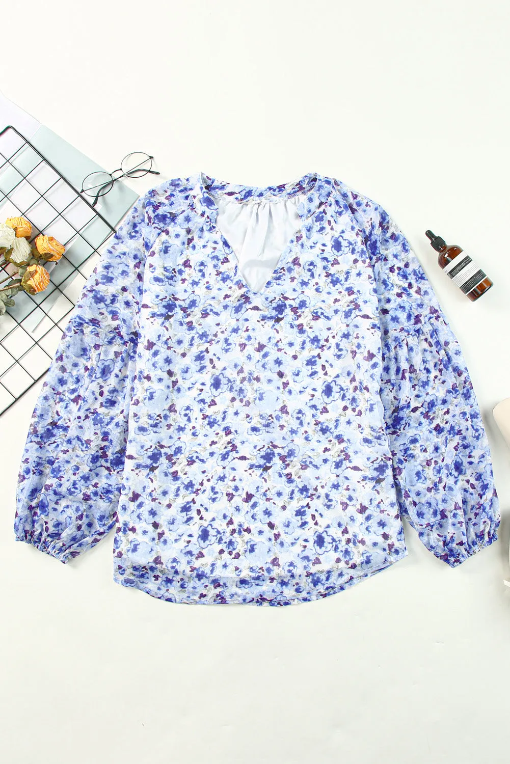 Floral Notched Balloon Sleeve Blouse