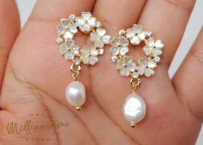 freshwater Pearl Swarovski Crystals Floral Stud earring, 925 Sterling Silver White Flower Drop Earrings, Statement Earrings, Bridal Jewelry.