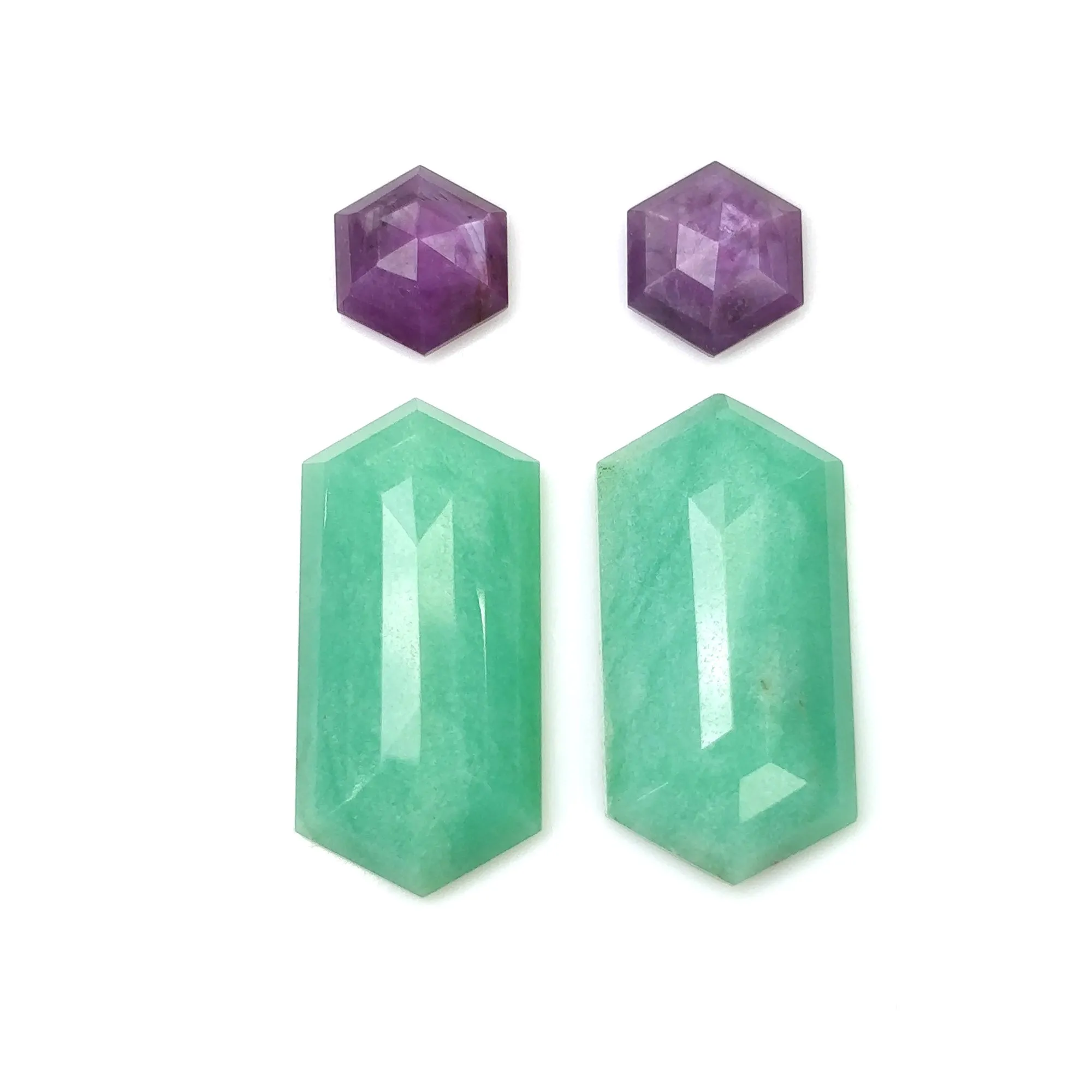 Green CHRYSOPRASE & Raspberry SAPPHIRE Gemstones Step Cut : 30.12cts Natural Untreated Hexagon Shape 10*9mm - 25*12mm 4pcs