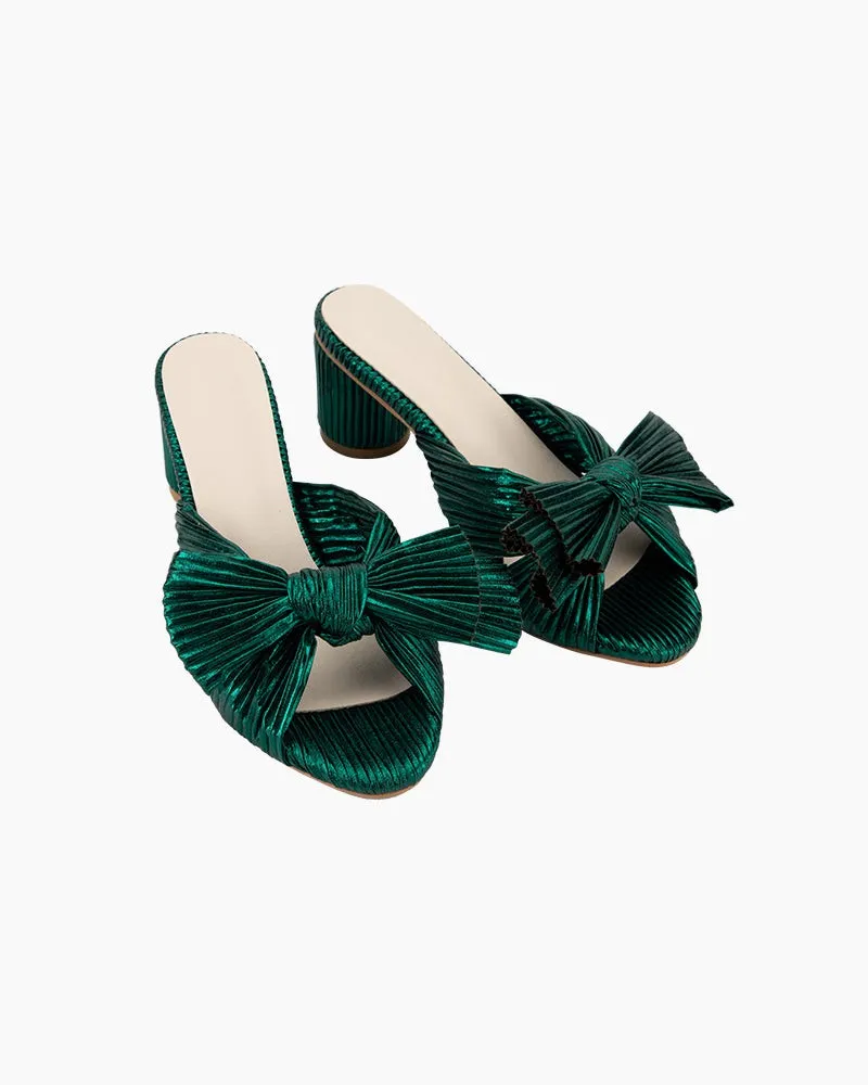 Green Pleated Bow Open Toe Chunky Block Heel Sandals