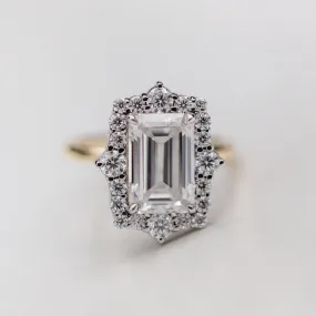 Halo Emerald Cut Moissanite Ring, Halo Engagement Ring