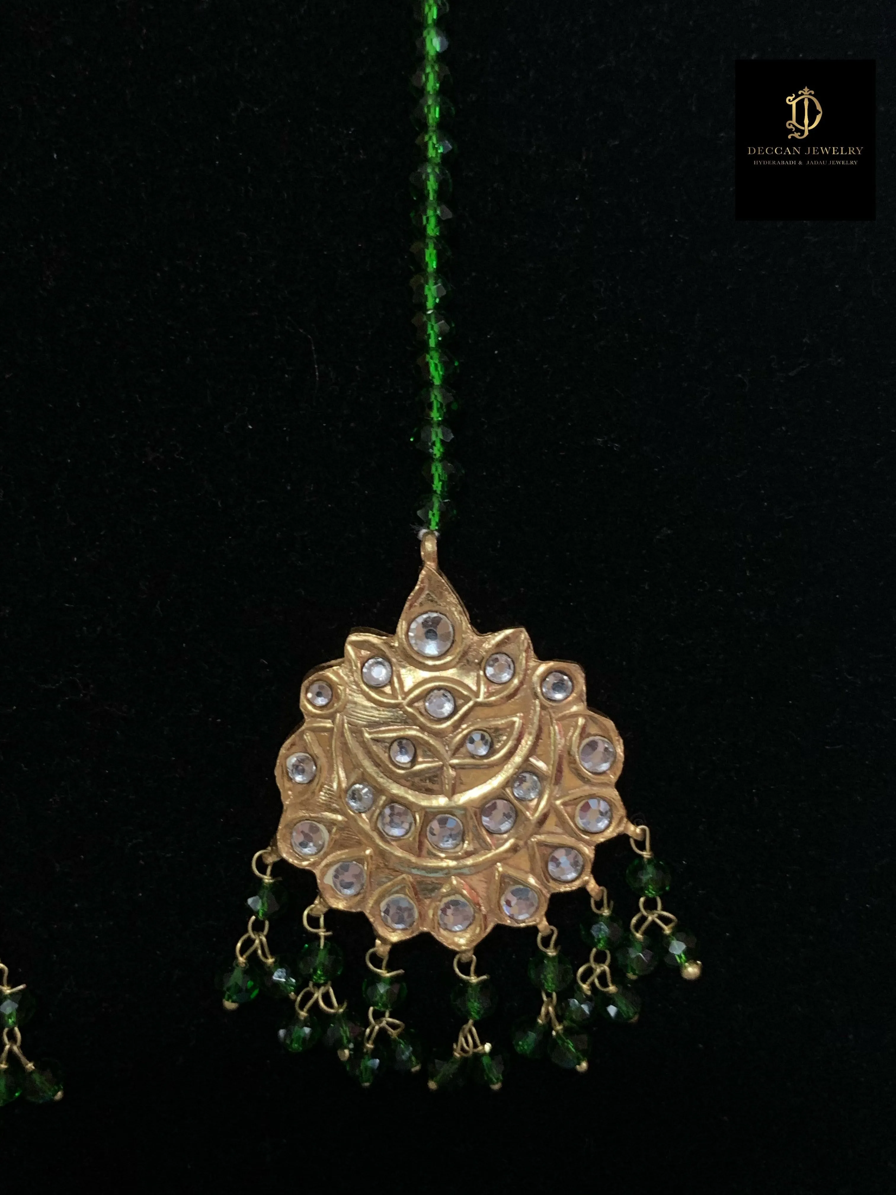 Hiba kundan jhoomar tika ( green beads ) ( SHIPS IN 3 WEEKS  )