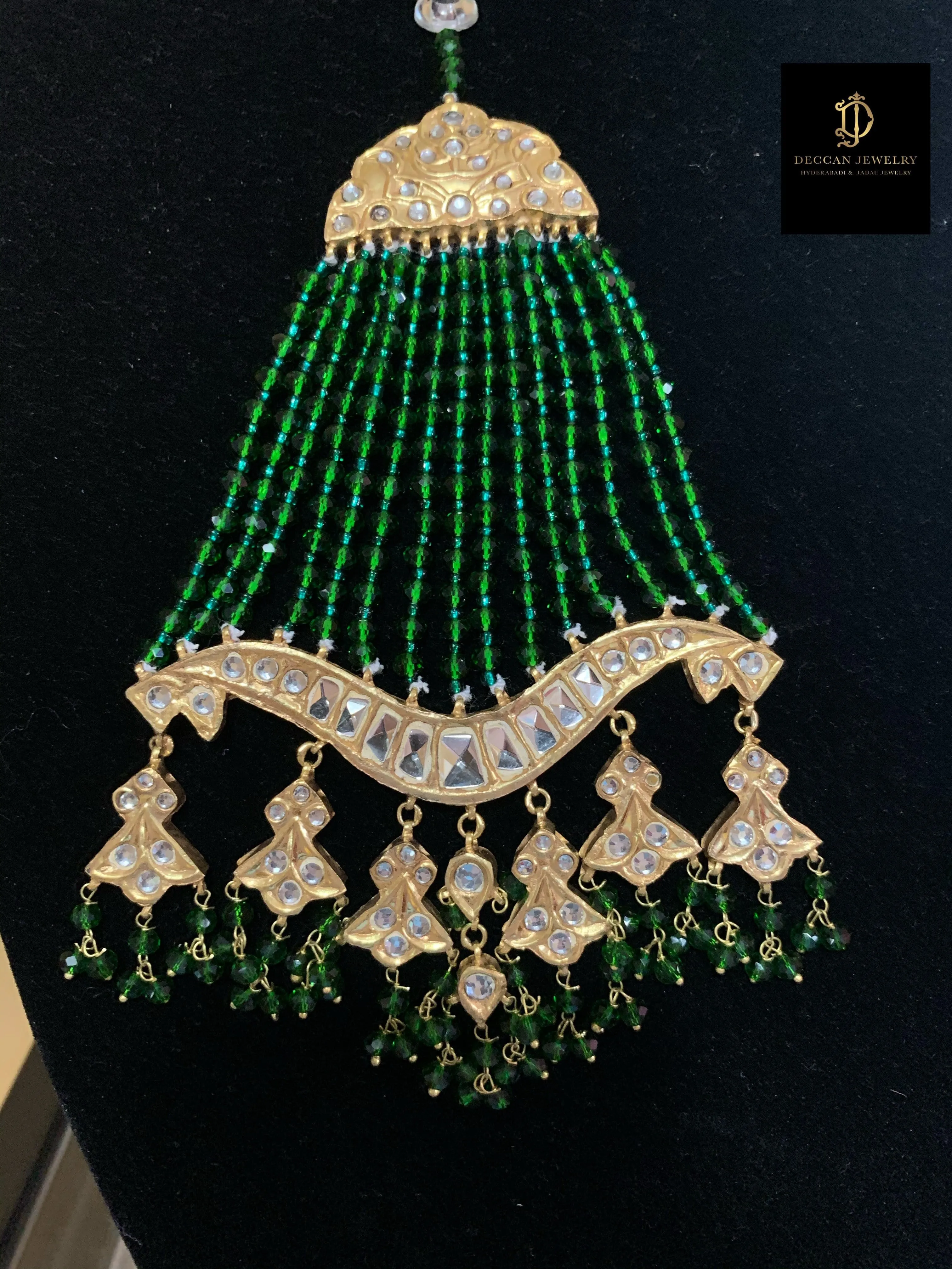 Hiba kundan jhoomar tika ( green beads ) ( SHIPS IN 3 WEEKS  )