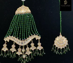 Hiba kundan jhoomar tika ( green beads ) ( SHIPS IN 3 WEEKS  )