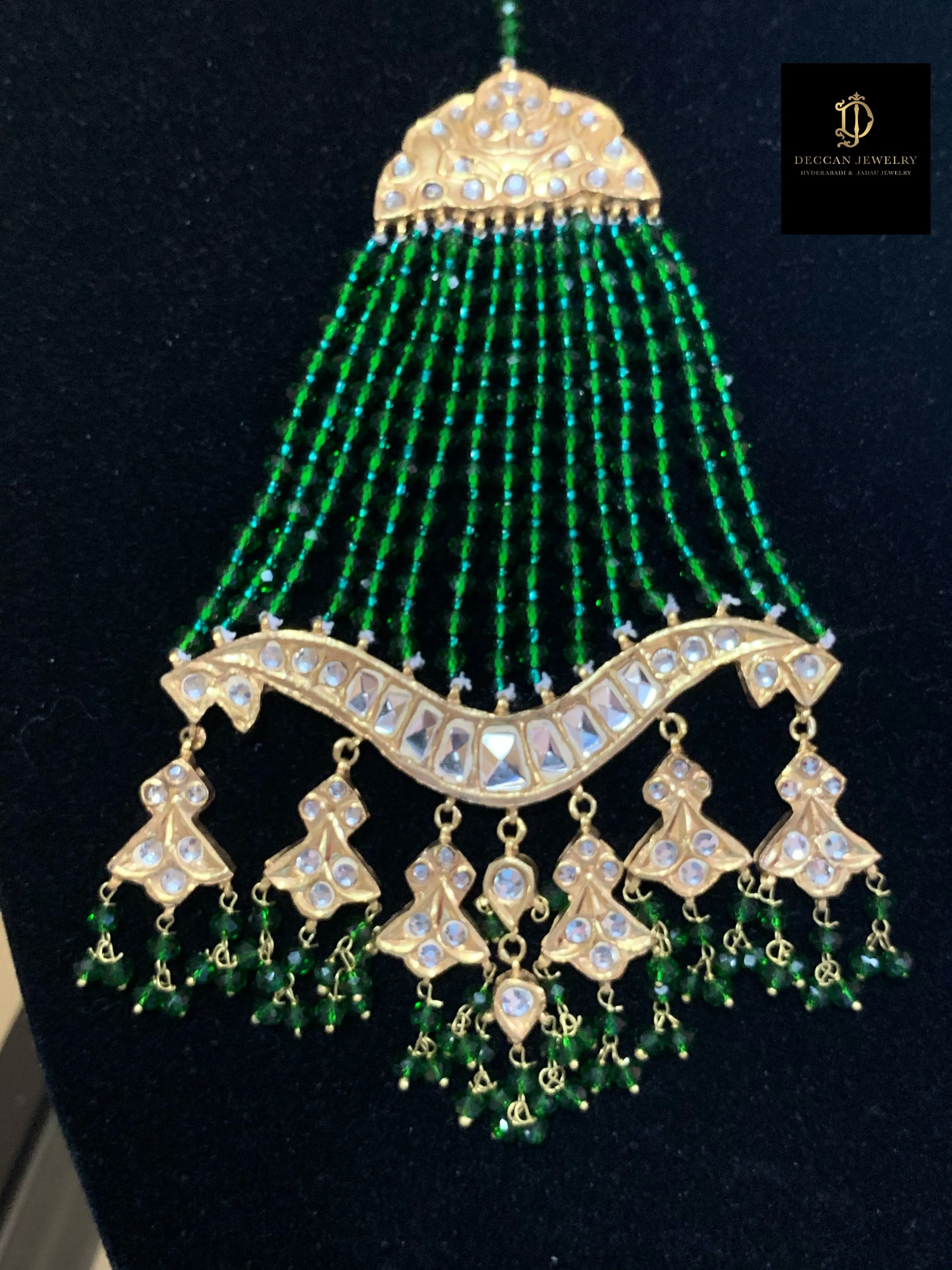 Hiba kundan jhoomar tika ( green beads ) ( SHIPS IN 3 WEEKS  )