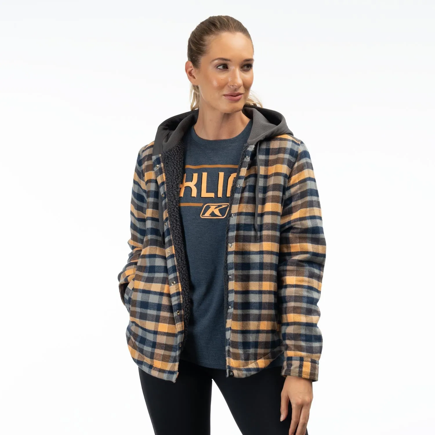 Klim Women's Big Sky Fleece Lined Flannel Hoody Mock Orange/Asphalt