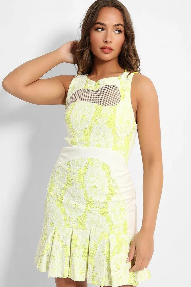 Lime White Lace Applique Pleated Mini Dress