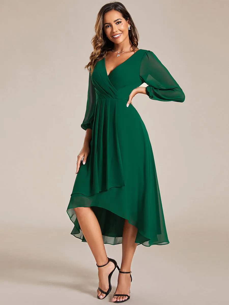 Long Sleeves Pleated Ruffles Chiffon Wedding Guest Dresses