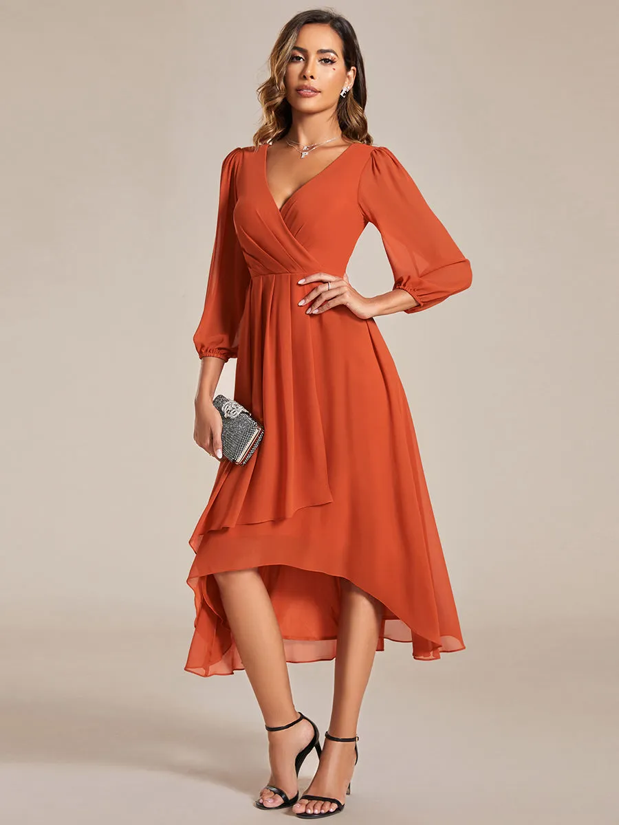 Long Sleeves Pleated Ruffles Chiffon Wedding Guest Dresses