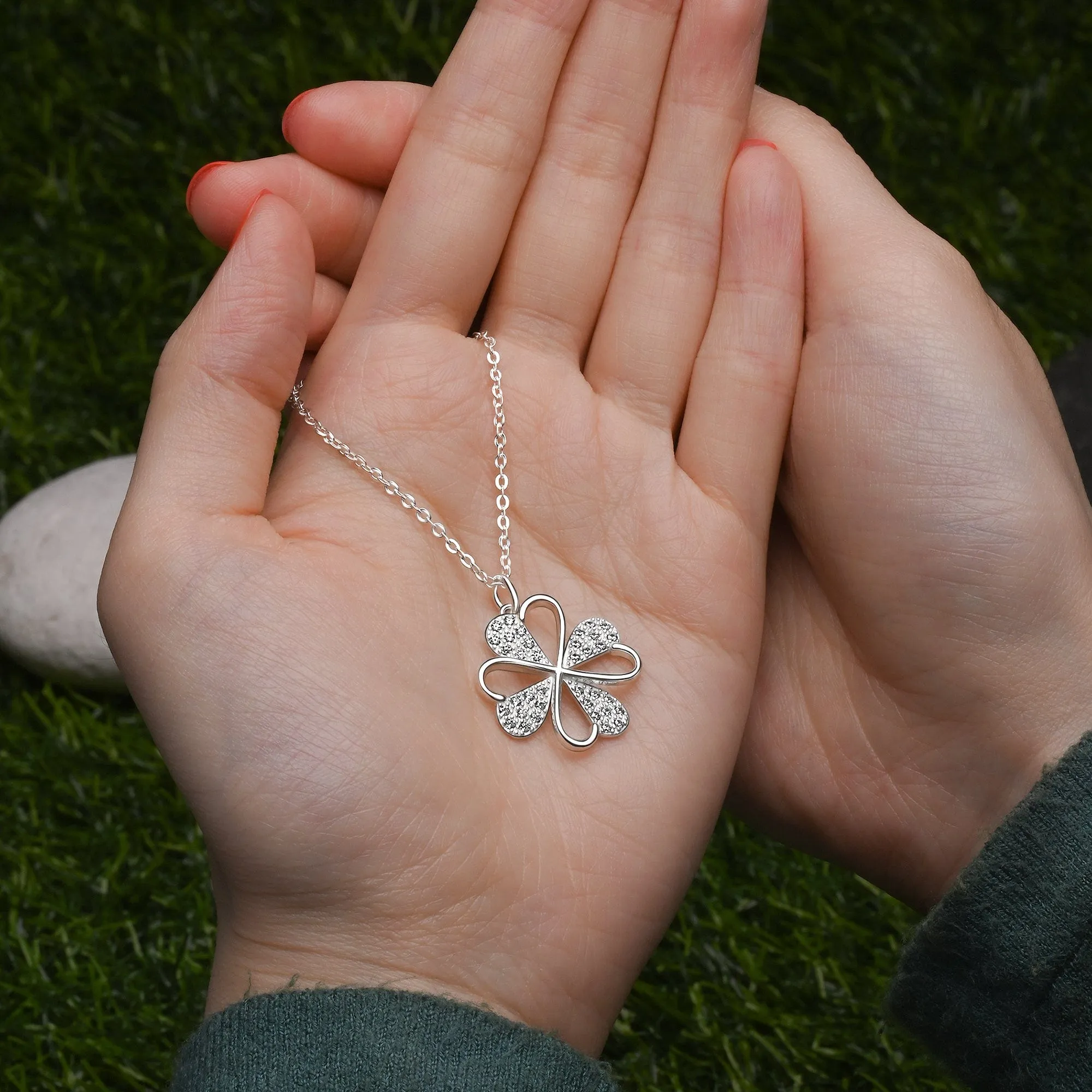 Lucky Infinity Heart Four Leaf Clover Necklace Silver