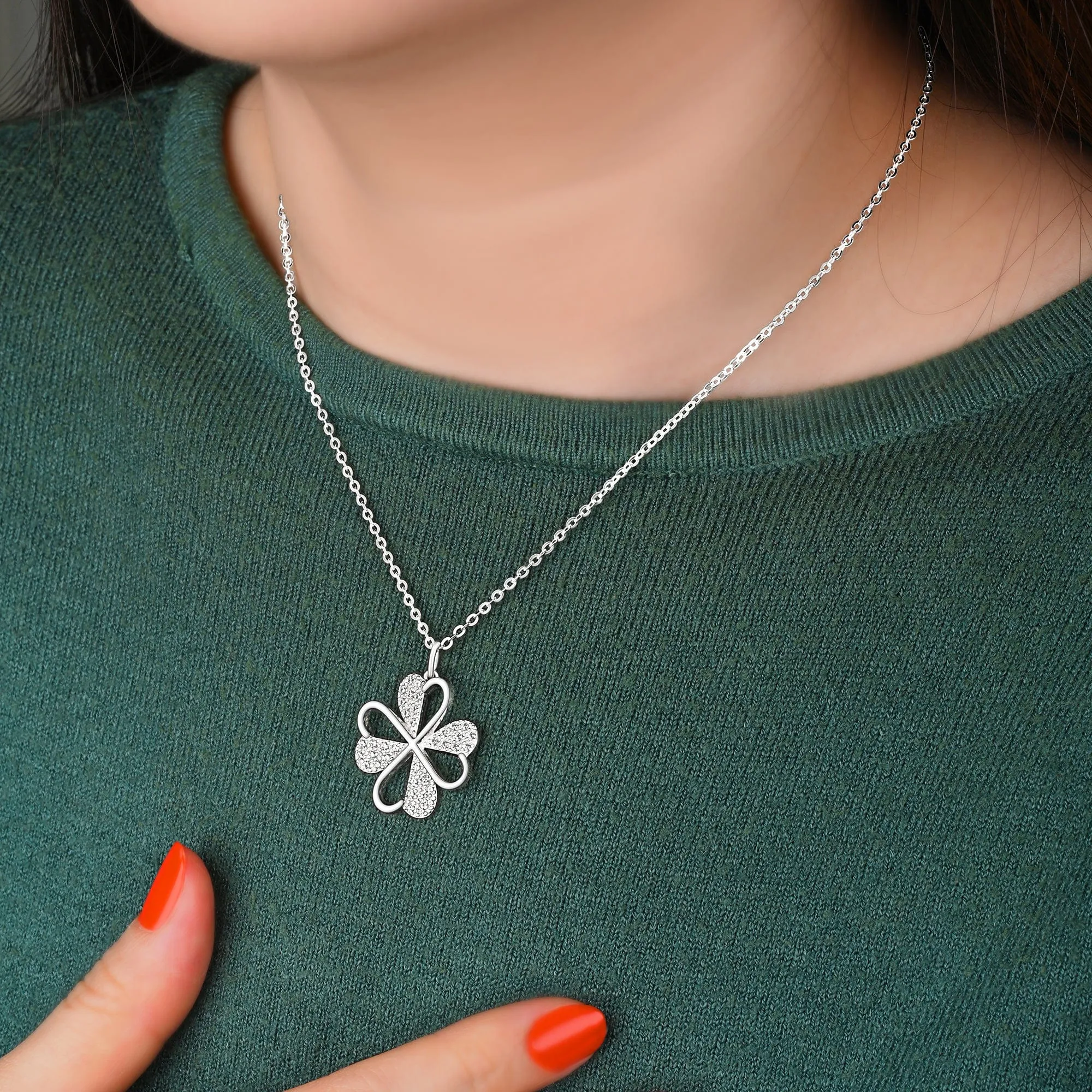 Lucky Infinity Heart Four Leaf Clover Necklace Silver