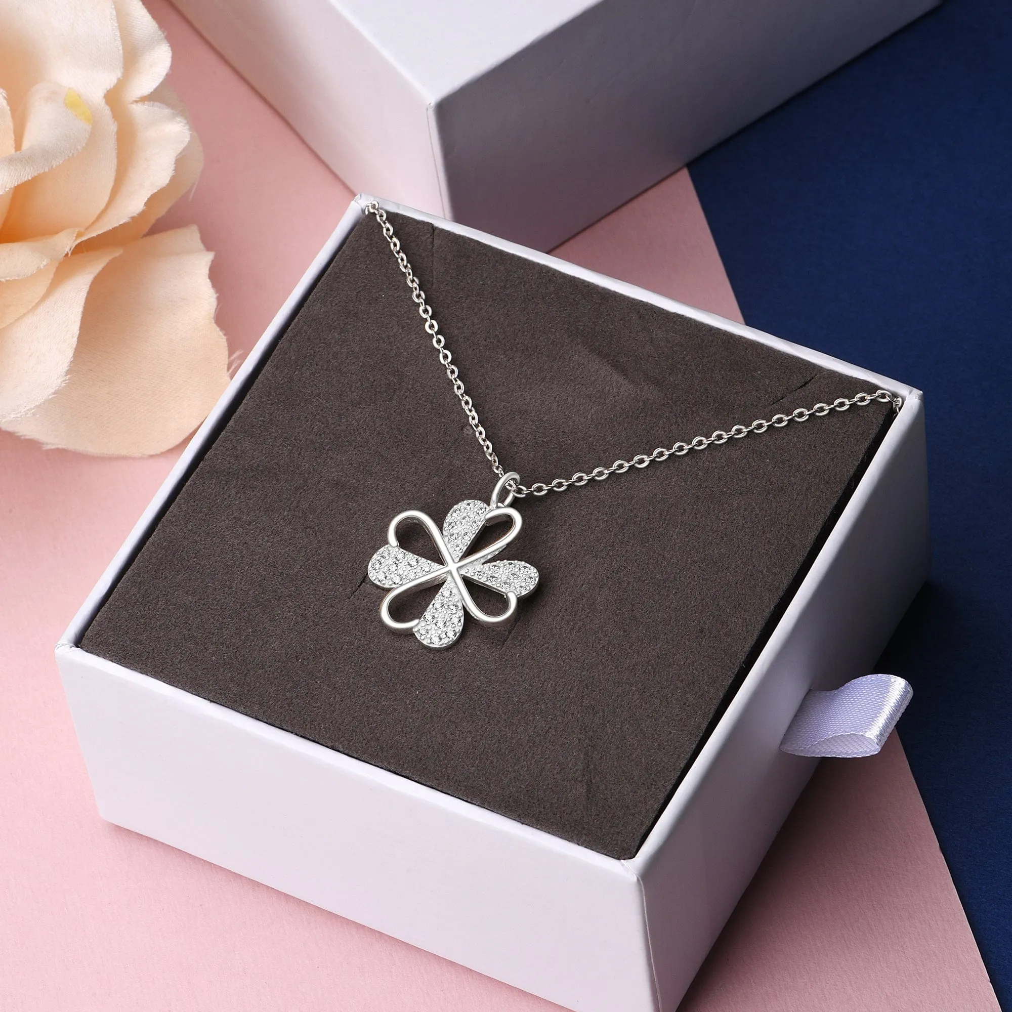 Lucky Infinity Heart Four Leaf Clover Necklace Silver