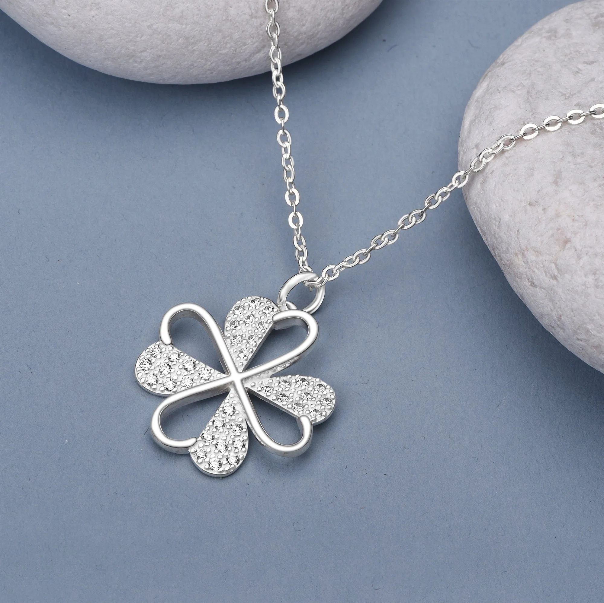 Lucky Infinity Heart Four Leaf Clover Necklace Silver