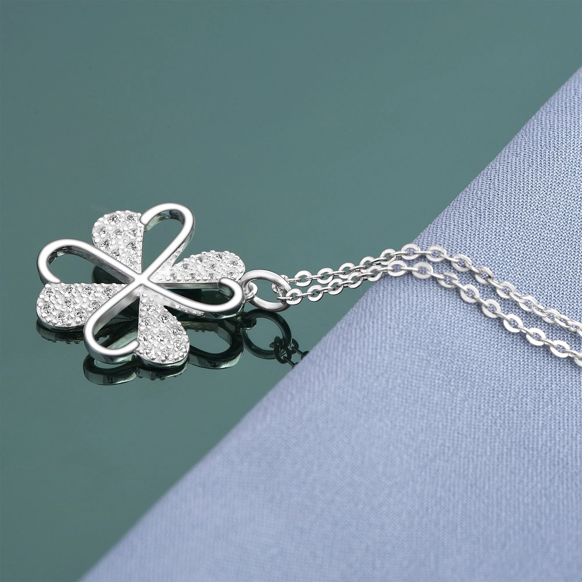 Lucky Infinity Heart Four Leaf Clover Necklace Silver