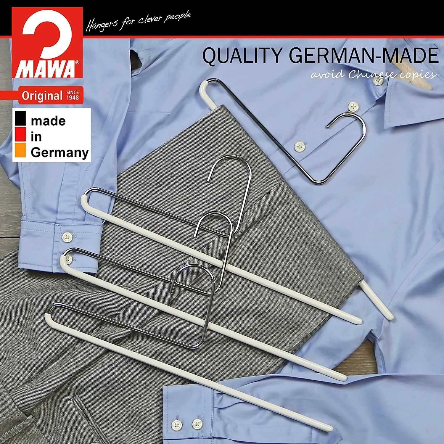 MAWA Reverse Hook Trouser / Pant Hangers, Set of 10 Style KH/35U