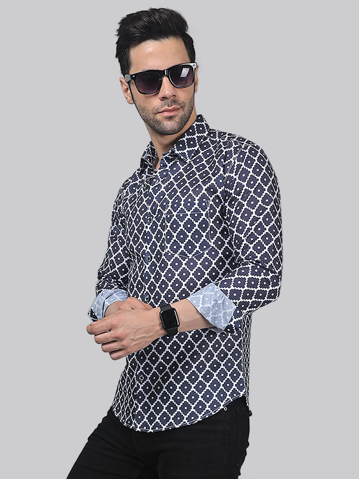 Opulent Men's Printed Full Sleeve Cotton Button-Up Shirt For Men