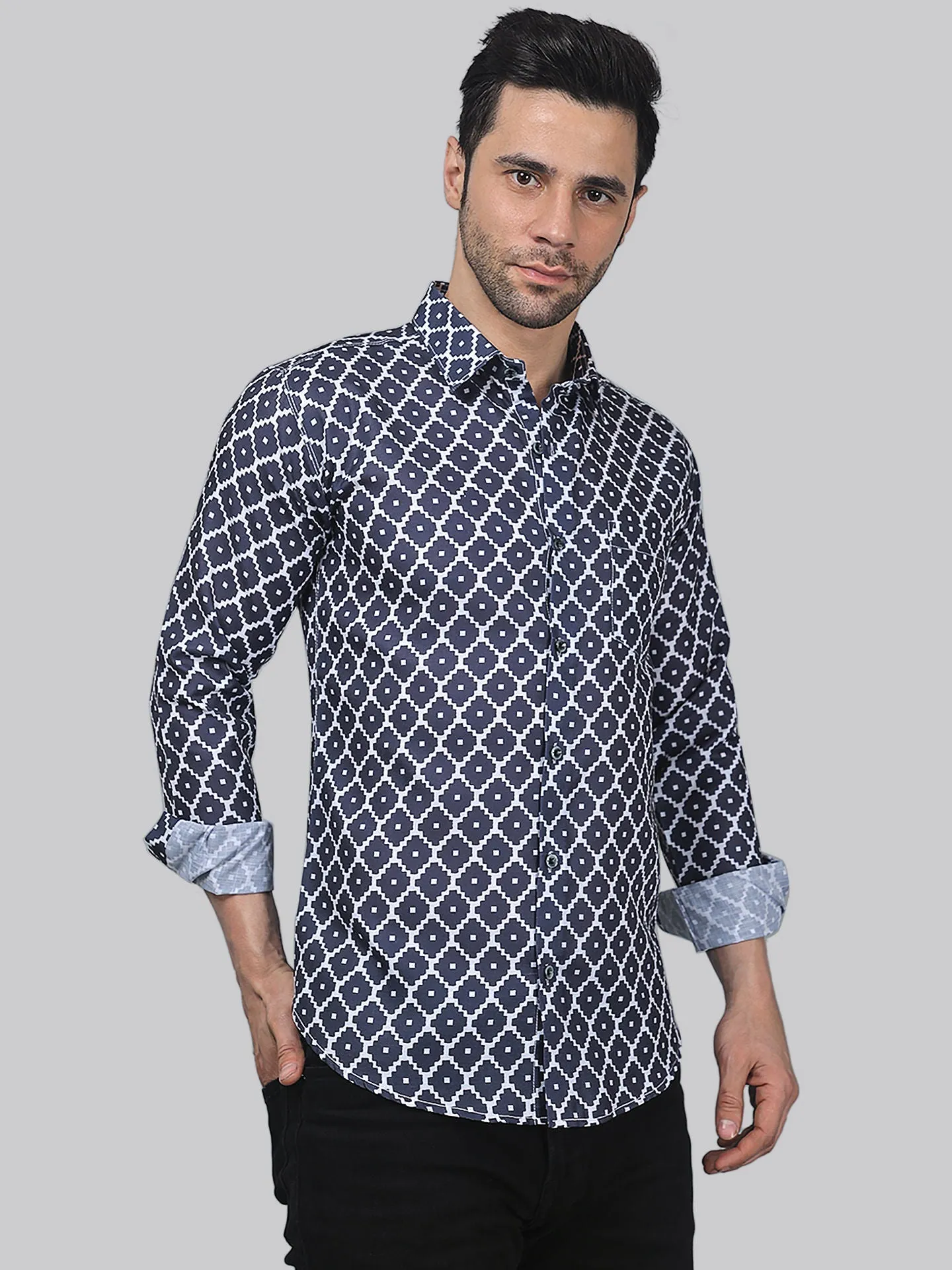 Opulent Men's Printed Full Sleeve Cotton Button-Up Shirt For Men