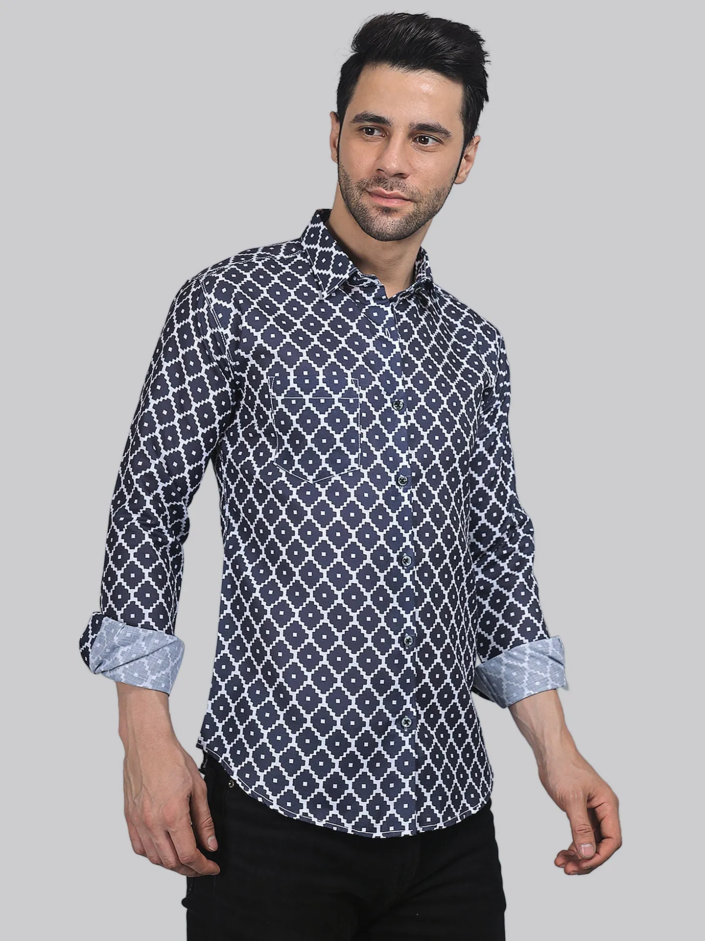 Opulent Men's Printed Full Sleeve Cotton Button-Up Shirt For Men