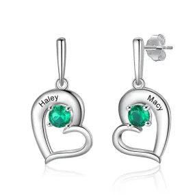 Personalized 2 Names 2 Stones Tilted Heart Drop Earrings