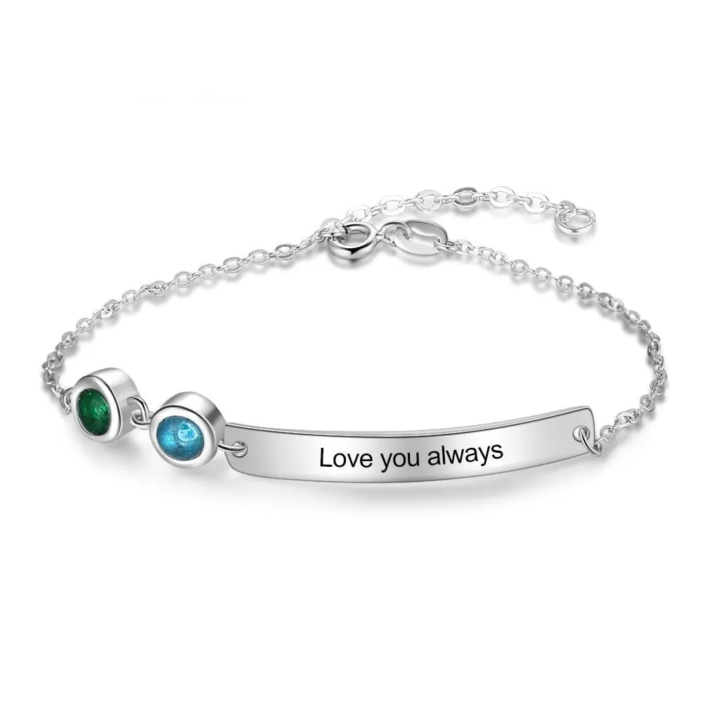 Personalized Bar Bracelets & Bangles with 2 Birthstones Custom Engraved NamePlate Bracelets for Women