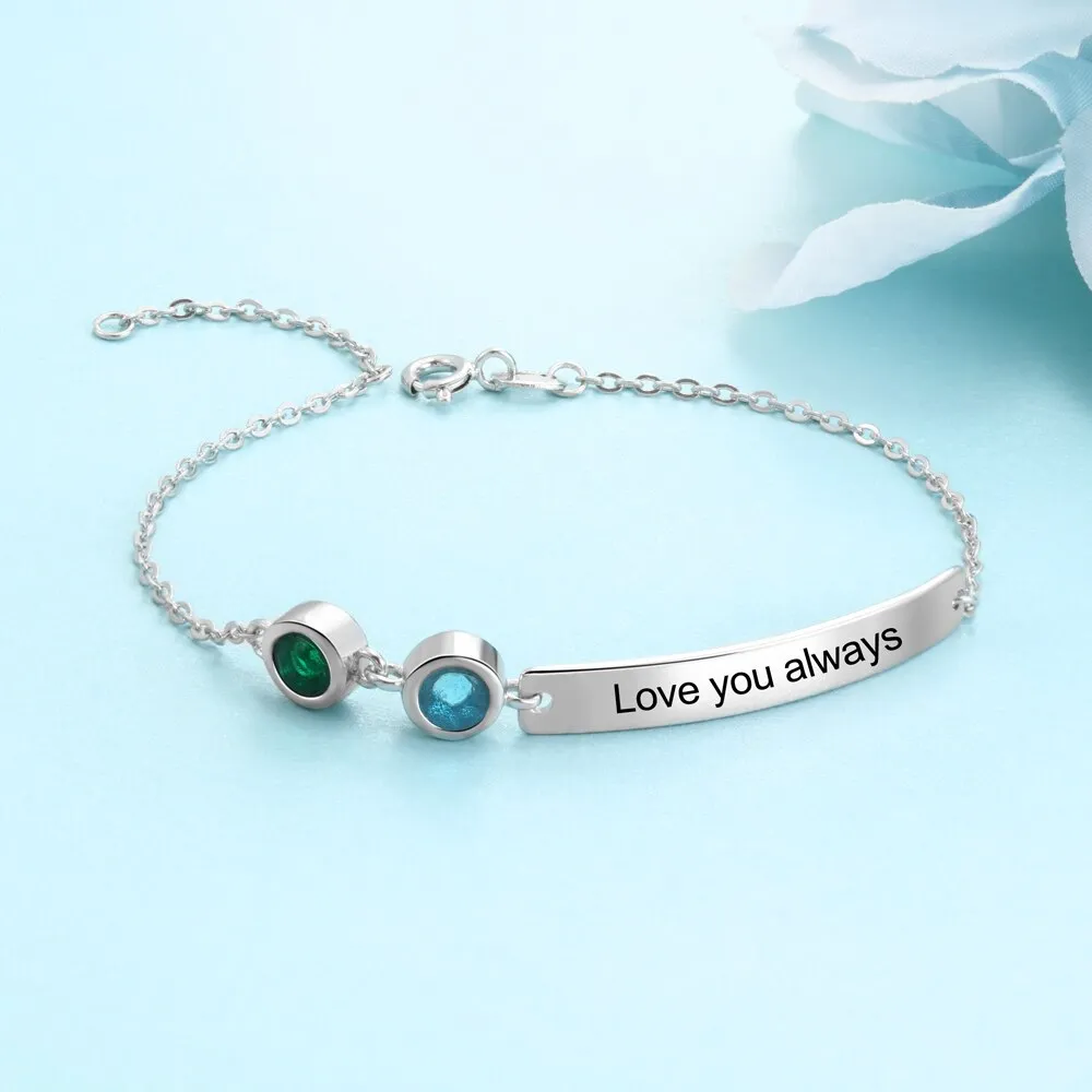 Personalized Bar Bracelets & Bangles with 2 Birthstones Custom Engraved NamePlate Bracelets for Women