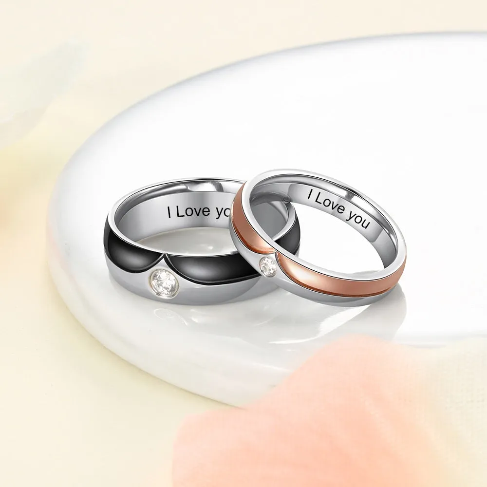 Personalized Stainless Steel Couple Rings With Zirconia