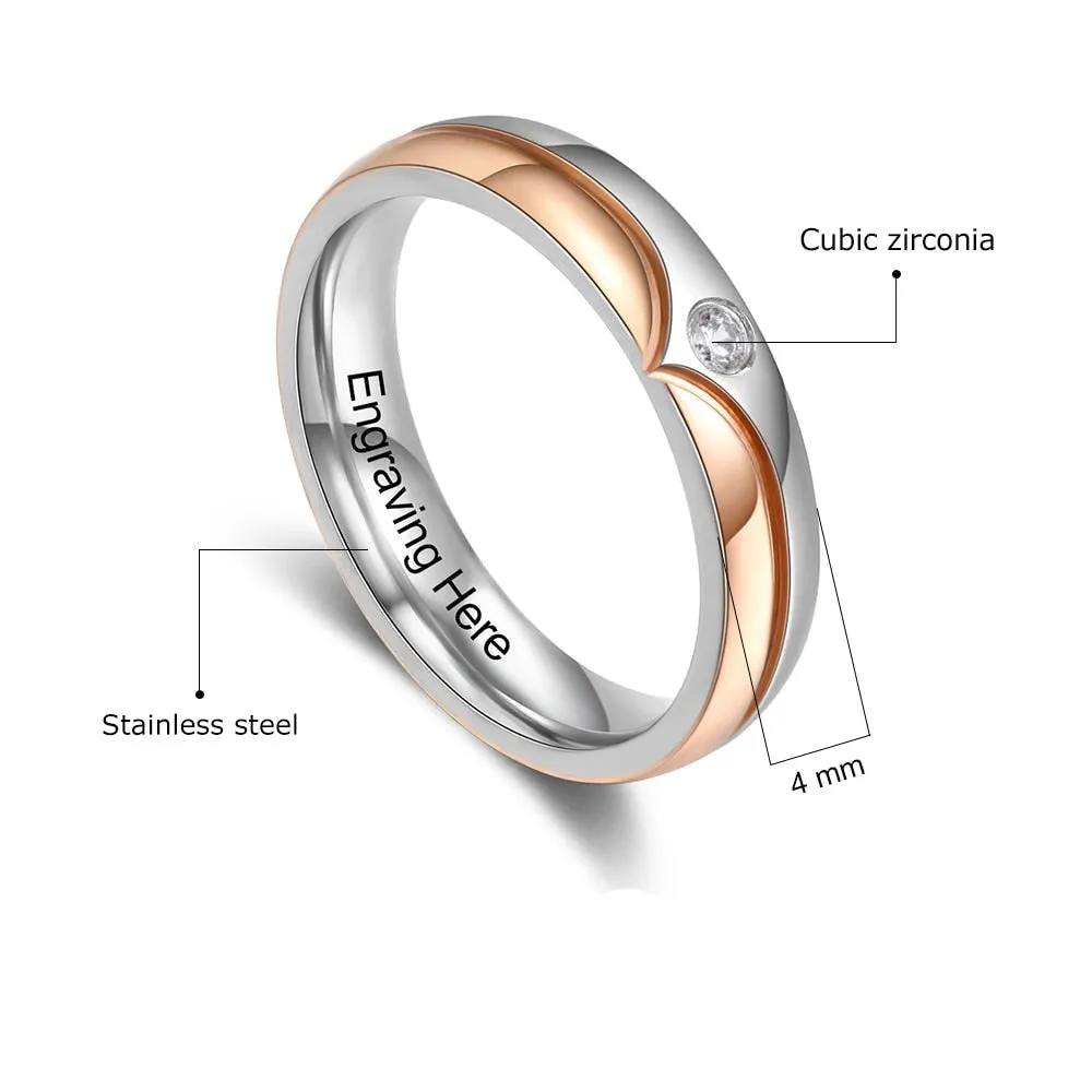 Personalized Stainless Steel Couple Rings With Zirconia