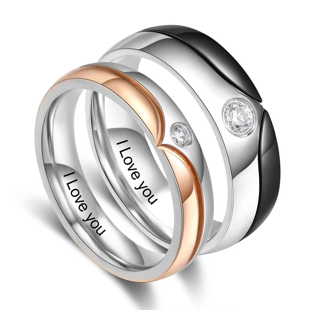 Personalized Stainless Steel Couple Rings With Zirconia