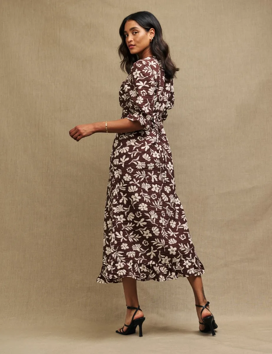 Petite Brown Botanical Print Delilah Midi Tea Dress