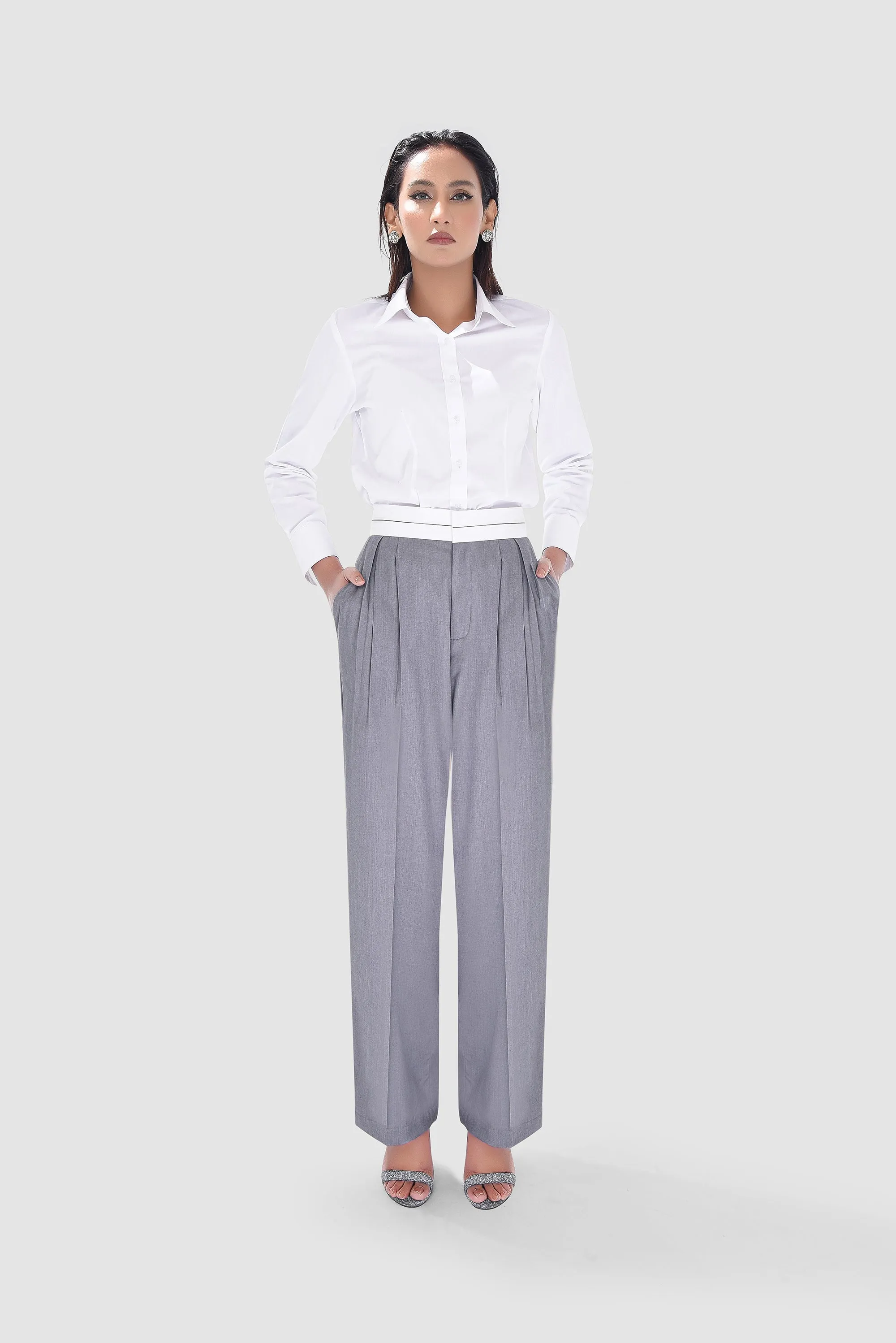 Pleated Pants with White Waistband