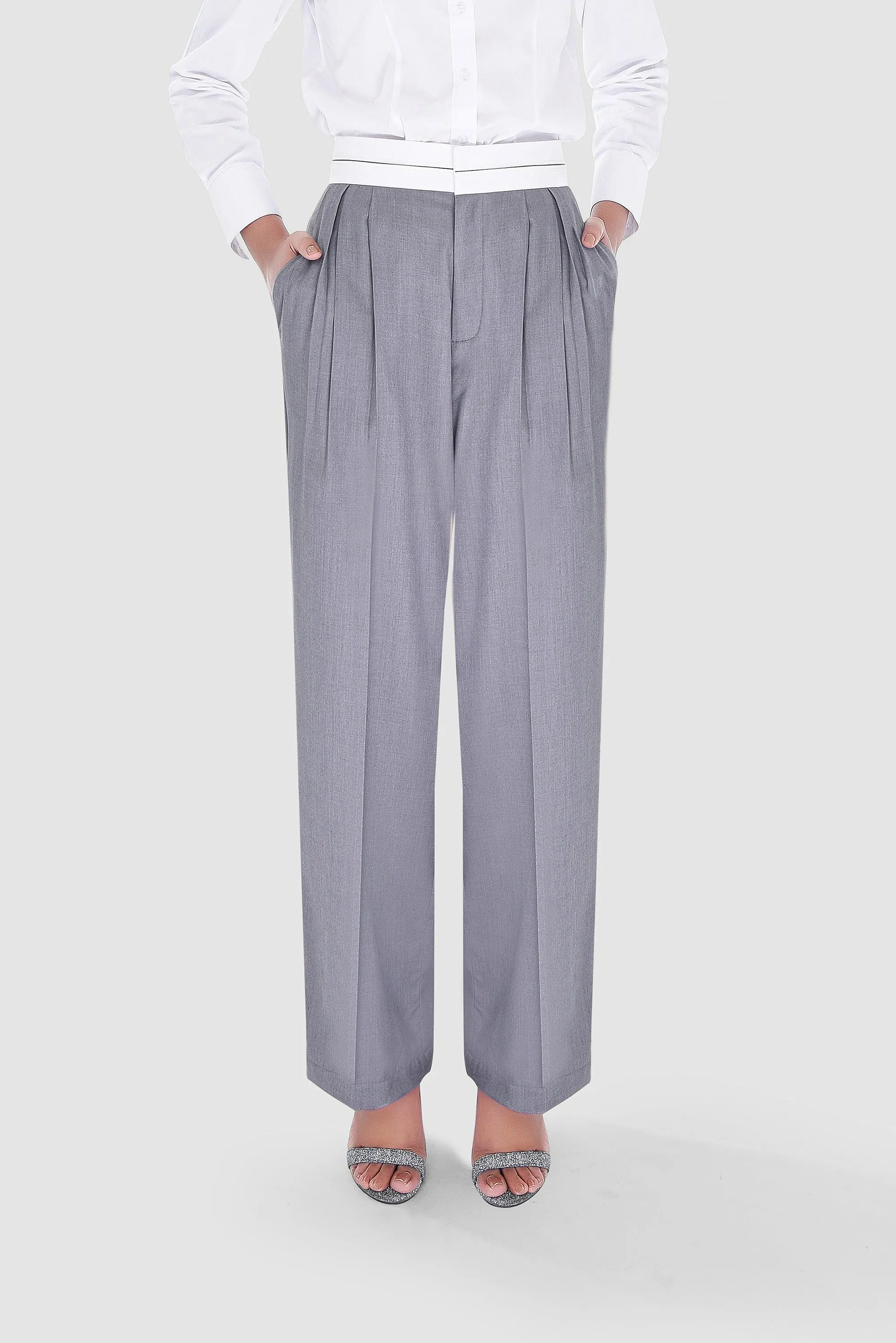 Pleated Pants with White Waistband