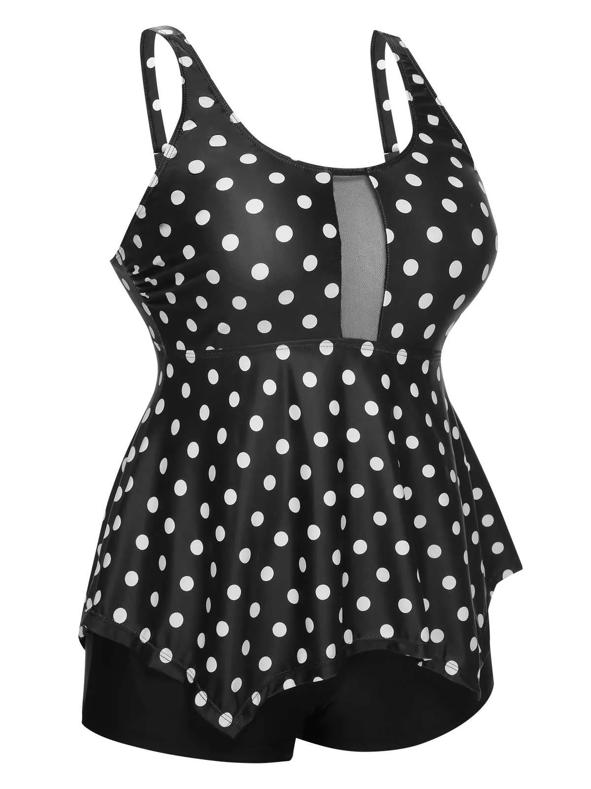 [Plus Size] 1960s Strap Transparent Mesh Polka Dots Swimsuit