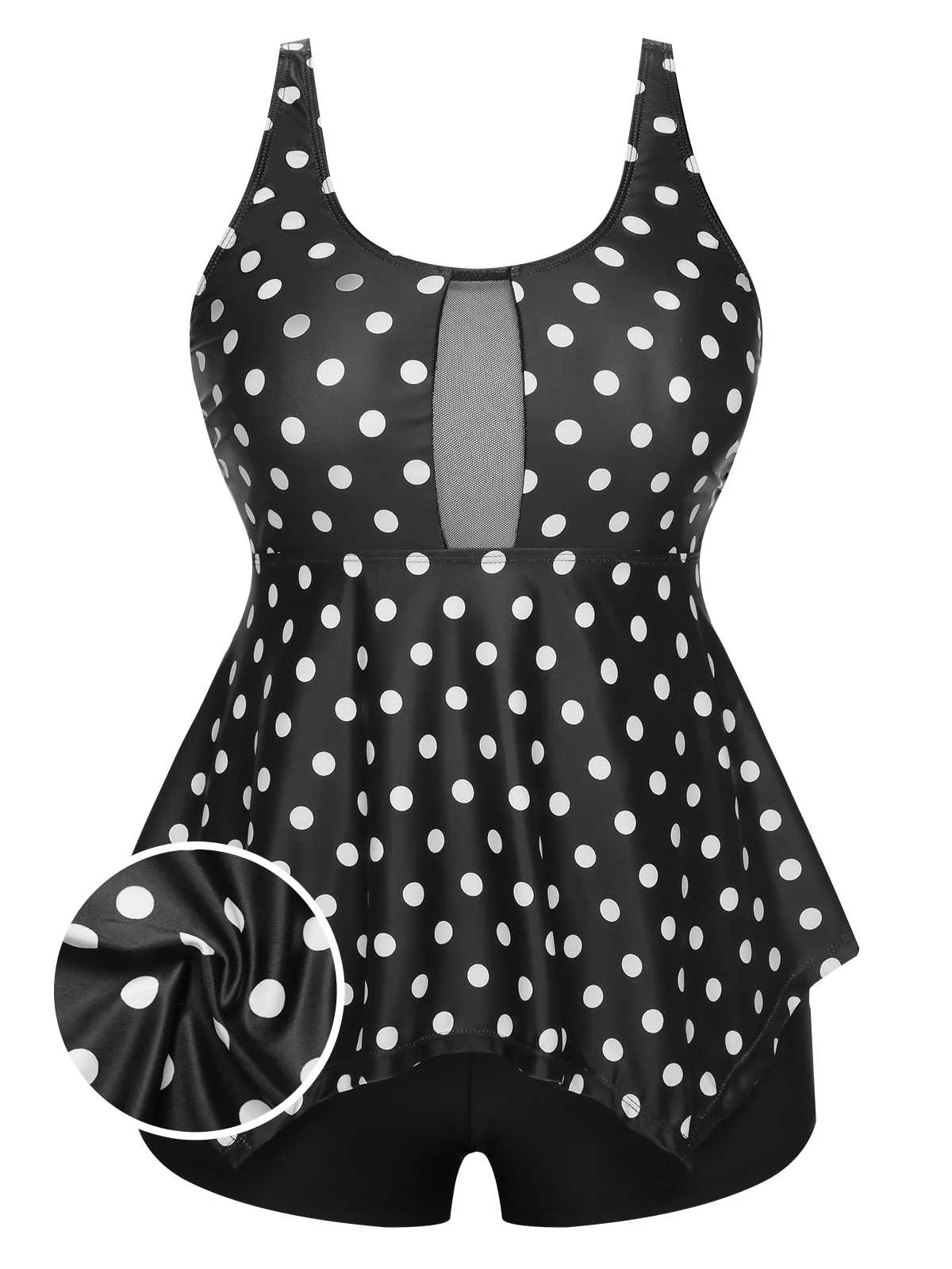 [Plus Size] 1960s Strap Transparent Mesh Polka Dots Swimsuit