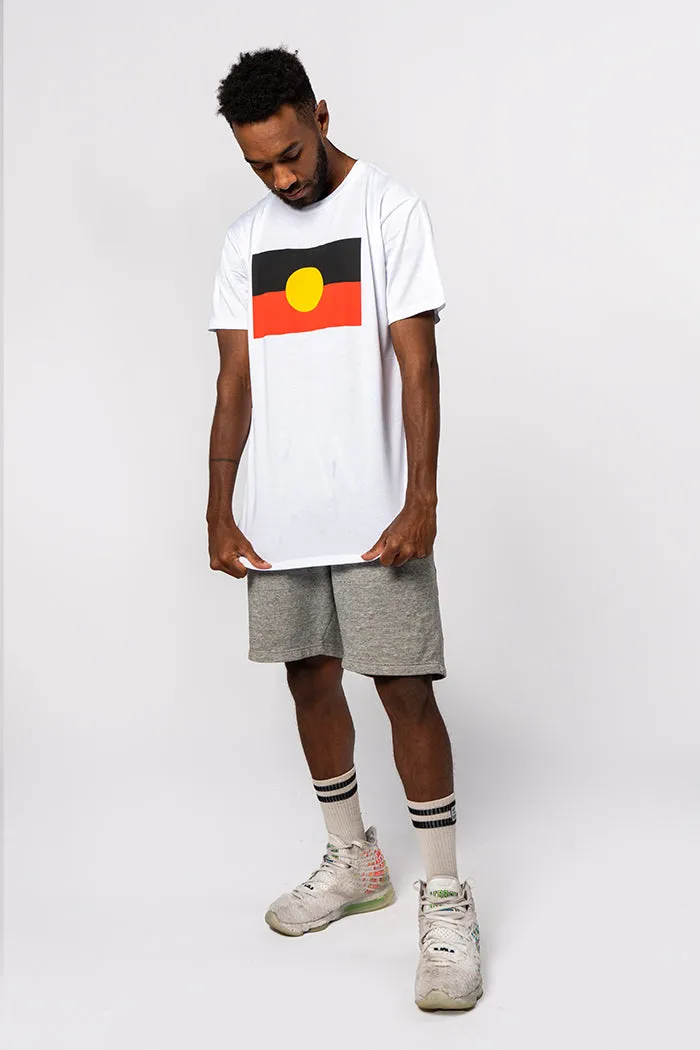 "Raise the Flag" Aboriginal Flag (Large) White Cotton Crew Neck Unisex T-Shirt