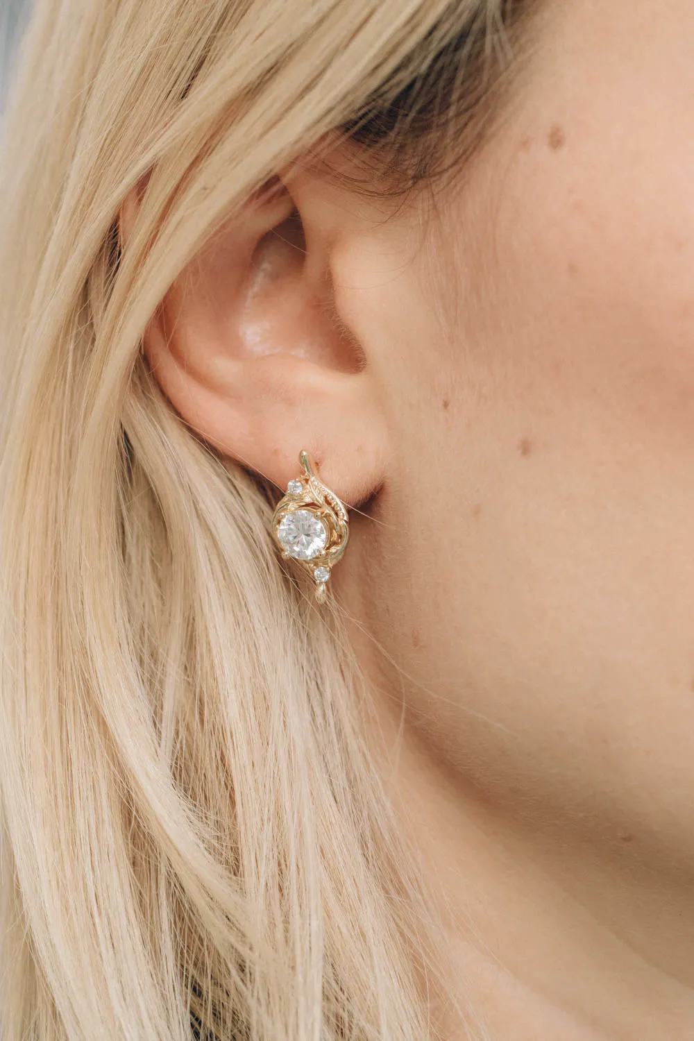 READY TO SHIP: Nature inspired moissanite Undina earrings, gold leaf earrings with 1 carat moissanites