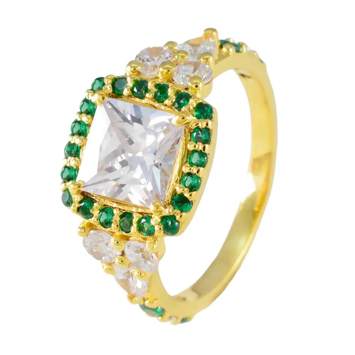 Riyo Exporter Silver Ring With Yellow Gold Plating Emerald CZ Stone square Shape Prong Setting Antique Jewelry Anniversary Ring