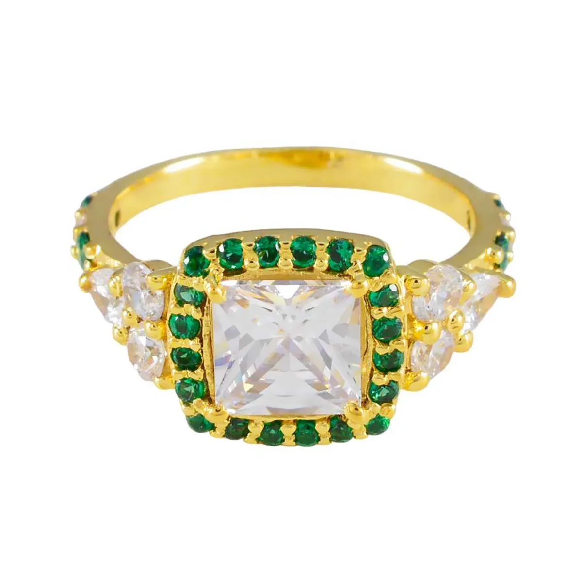 Riyo Exporter Silver Ring With Yellow Gold Plating Emerald CZ Stone square Shape Prong Setting Antique Jewelry Anniversary Ring