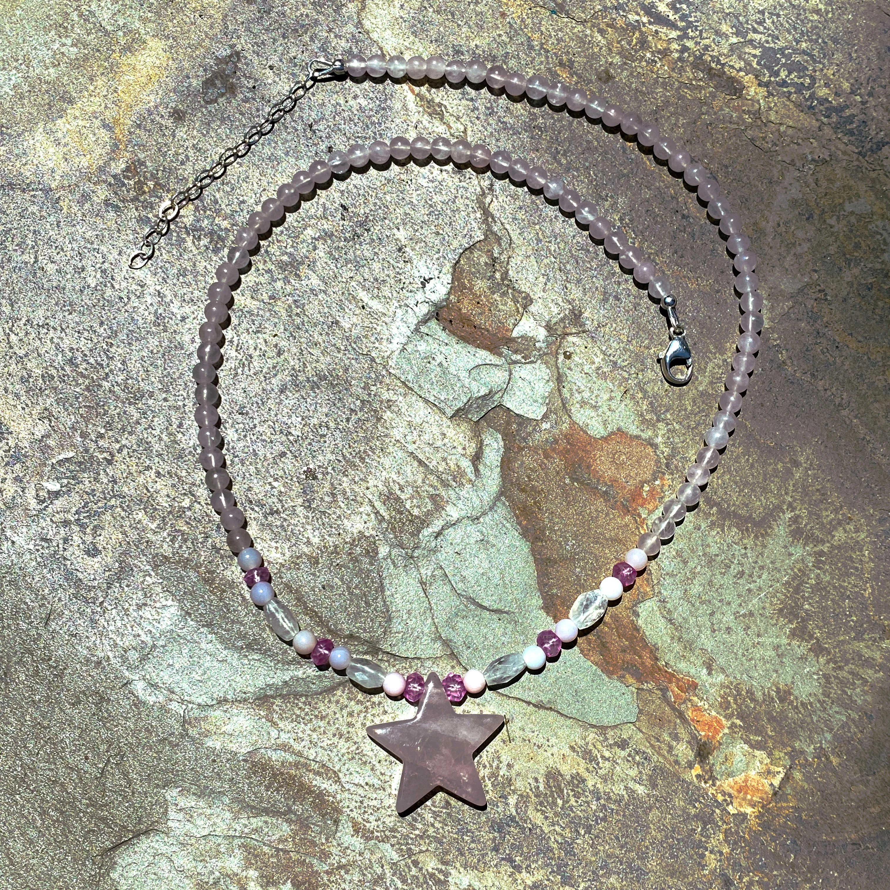 Rose quartz Star with pink stones and sterling silver