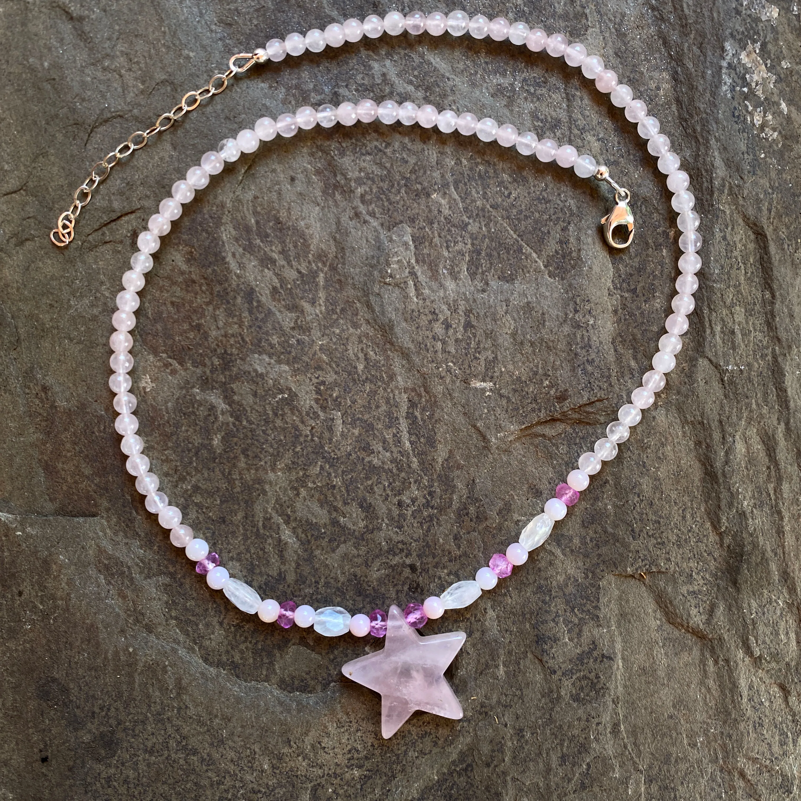 Rose quartz Star with pink stones and sterling silver