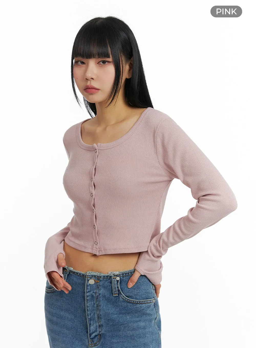 Round Neck Buttoned Long Sleeve Top IM414