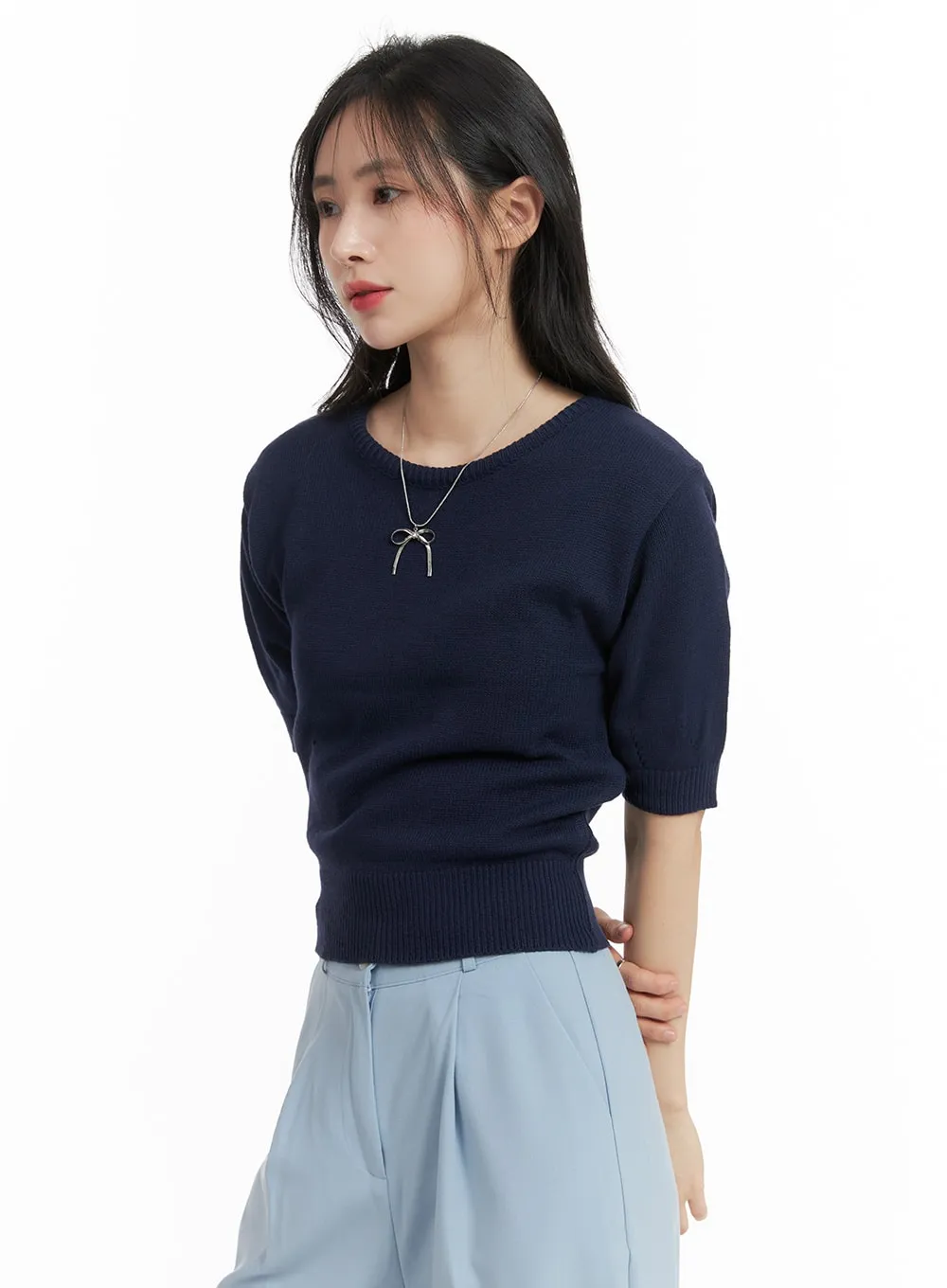 Round Neck Knitted Short Sleeve Top OM412